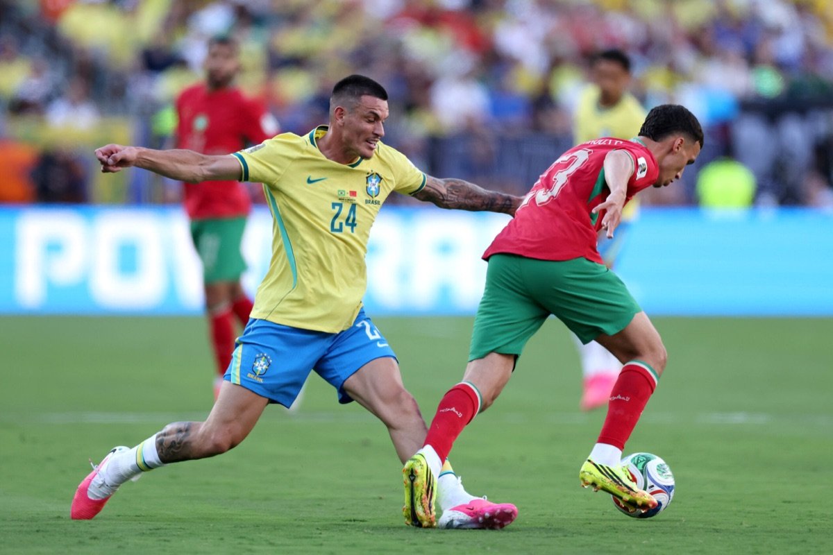 Brazil and Morocco players contest possession during their 1-1 draw at the 2026 World Cup