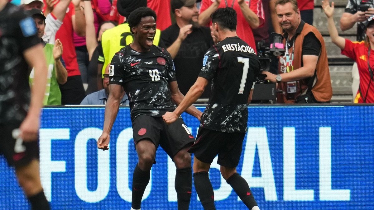 Canada players celebrate during their 6-0 win over Qatar at the 2026 World Cup